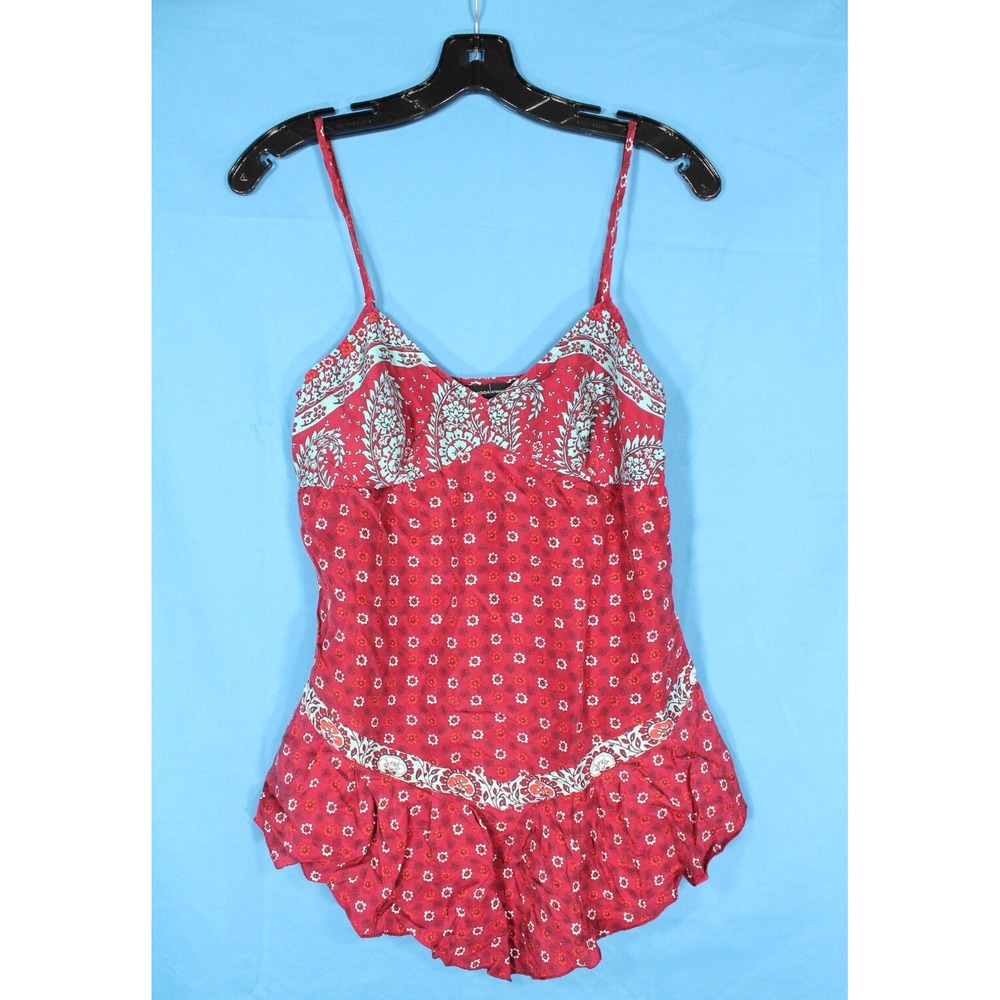 Y2K MODA INTERNATIONAL Maroon FLORAL Ruffle Hem SILK Zip BLOUSE/TANK TOP Sz XS